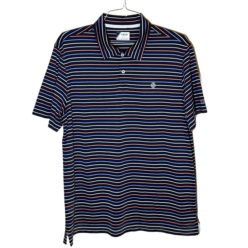 Izod Golf Men's L Polo Shirt Blue Orange Striped Performance Stretch